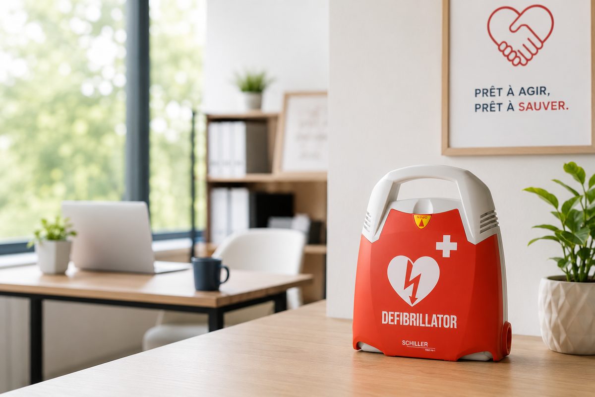 Défibrillateur fixé au mur, à côté de sa signalétique