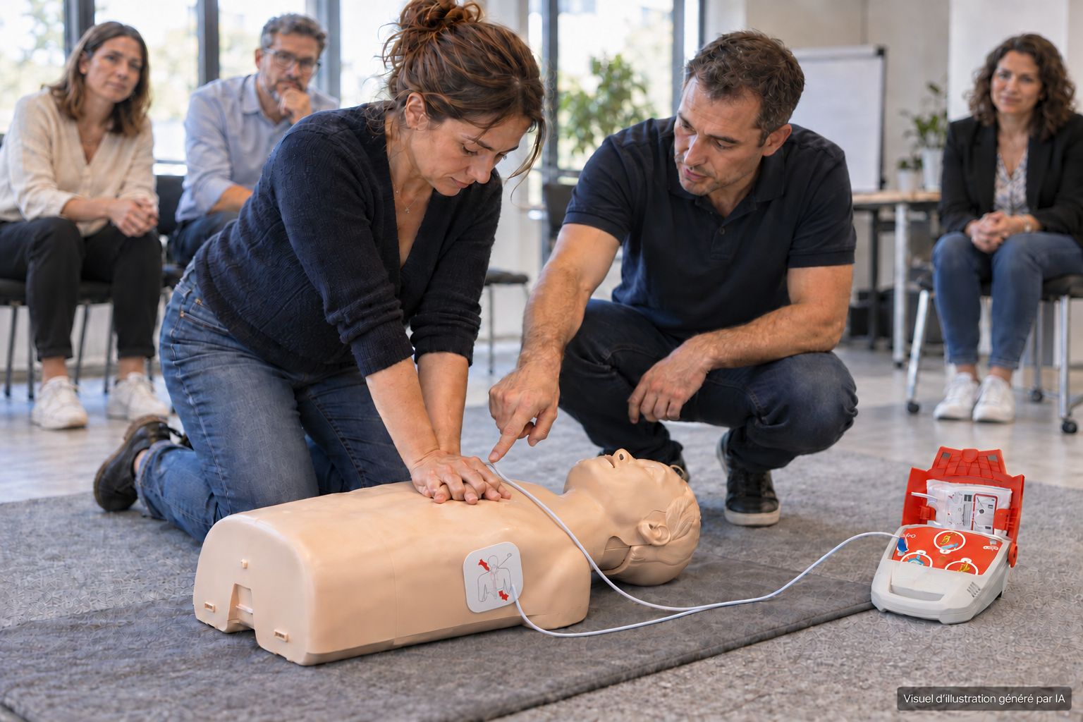 Massage cardiaque et pose des électrodes d'un défibrillateur sur mannequin, guidés par un formateur (visuel d'illustration généré par IA)