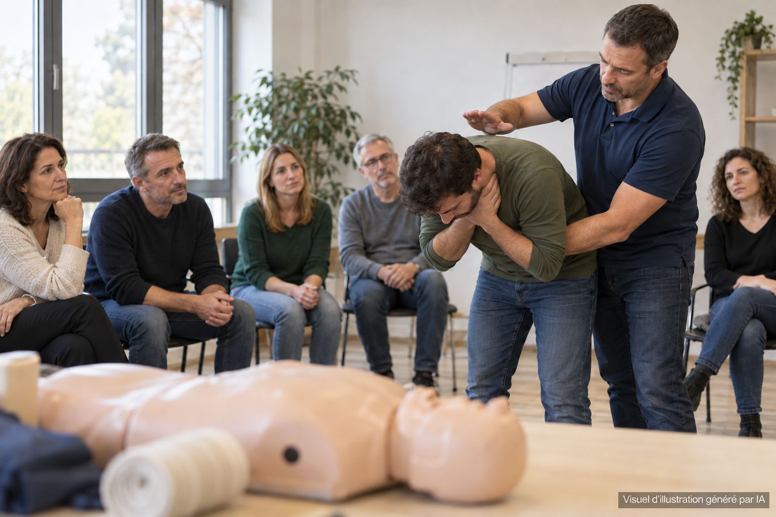 Formateur montrant le geste de désobstruction des voies aériennes devant un groupe (visuel d'illustration généré par IA)