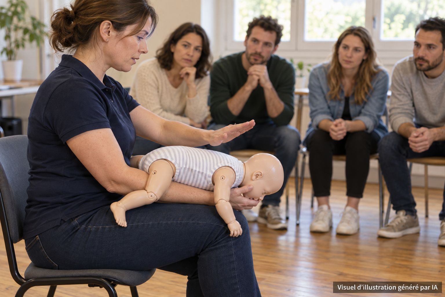 Formatrice montrant un geste de secours sur un mannequin nourrisson devant des parents (visuel d'illustration généré par IA)