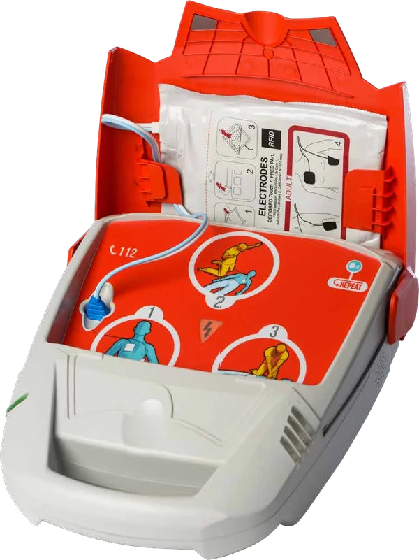 Défibrillateur Schiller FRED PA-1 ouvert, électrodes visibles